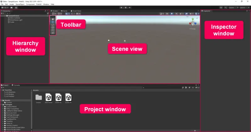 Unity editor interface showing hierarchy, scene view, inspector, project panel